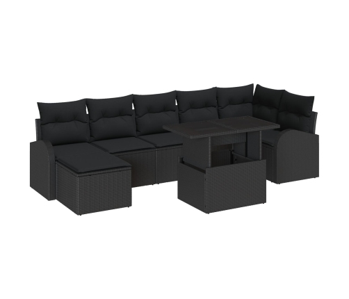 Juego de sofá de jardín de 8 piezas con almohadas, negro, ratán sintético