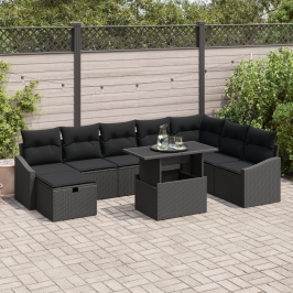 Set de Sofá de Jardín de 9 Piezas con Cojines Negro Ratán Poliéster