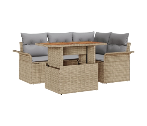 Conjunto de Comedor de Jardín de 5 Piezas con Cojines Beige Ratán Poliéster Acacia