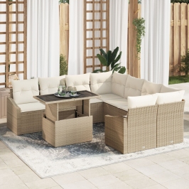 Juego de Sofá de Jardín de 9 Piezas con Cojines Beige de Ratan Multifuncional