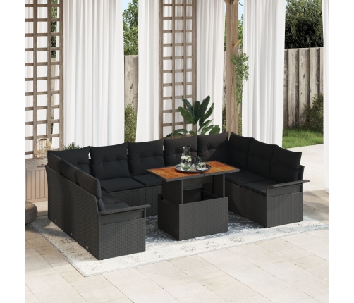 Juego de Comedor de Jardín de 10 Piezas con Cojines Negro Poliratán Acacia