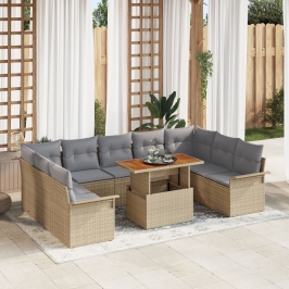 Conjunto de Comedor de Jardín de 10 Piezas con Cojines Beige Poliratán Acacia