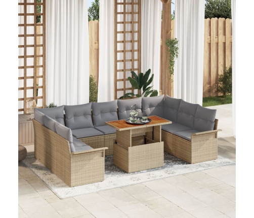 Conjunto de Comedor de Jardín de 10 Piezas con Cojines Beige Poliratán Acacia