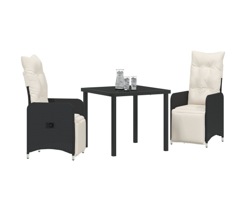 Set de Comedor de Jardín de 3 Piezas con Cojines de  Poliratán Negro