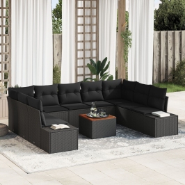 Conjunto de Sofá de Jardín de 10 piezas con cojines Negro Poliratán Acacia