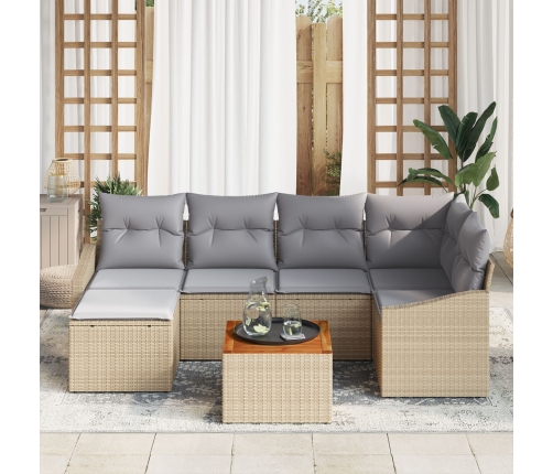 Juego de sofá de jardín de 7 piezas con cojines Beige Poli Ratán Acacia