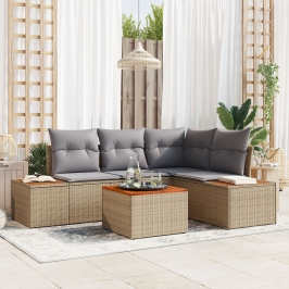 Conjunto de Sofá de Jardín de 5 Piezas con Cojines Beige Poliratán Acacia