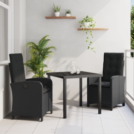 Set de Comedor de Jardín de 3 Piezas con Cojines Negro Poliratán