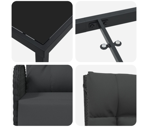 Conjunto de comedor de jardín con cojines de poliratán negro