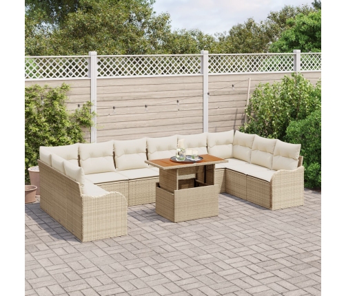 Conjunto de Sofás de Jardín de 11 piezas con Cojines Beige de Ratán de Polietileno, Sofá de Jardín de 2 plazas con Almacenamiento y Cojines Beige de Ratán de Polietileno
