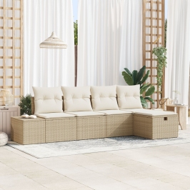 Conjunto de Sofá de 5 Piezas  con Almohadas Beige Poliratán
