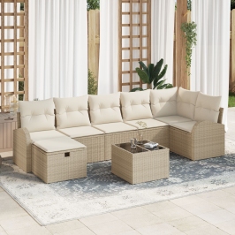 Conjunto de Sofás de Jardín de 8 Piezas con Cojines Beige Ratán Poliéster