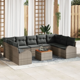 Conjunto de Sofás de Jardín de 10 Piezas con Cojines Gris Poliratán Acacia