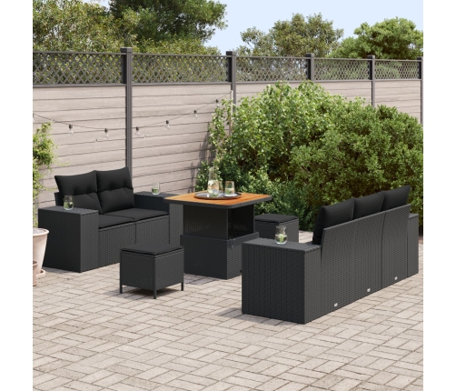 Conjunto de Sofá de Jardín de 8 Piezas con Cojines Ratán Poliéster Negro Acacia,  Conjunto de Comedor de Jardín de 3 Piezas con Cojines Ratán Poliéster Negro Acacia