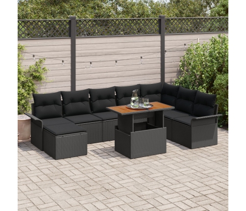 Conjunto de Comedor de Jardín de 9 Piezas con Cojines Negro Ratan Poliéster Acacia