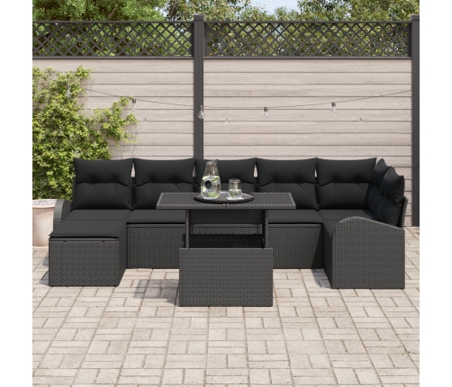 Juego de sofá de jardín de 8 piezas con almohadas, negro, ratán sintético