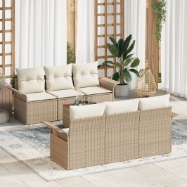 Juego de Sofá de Jardín  de 7 Piezas con Cojines Beige Ratán Poli Acacia