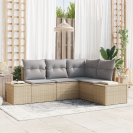 Juego de Sofá de Jardín de 4 Piezas con Cojines Beige Ratán