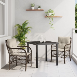 Conjunto de comedor de jardín  de 3 piezas con cojines de rattan polivinílico marrón