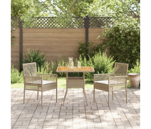 Juego de Comedor de Jardín  de 3 Piezas con Cojines Beige Poliratán