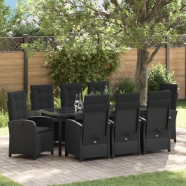 Set de comedor de jardín  9 piezas con cojines negro ratan poli