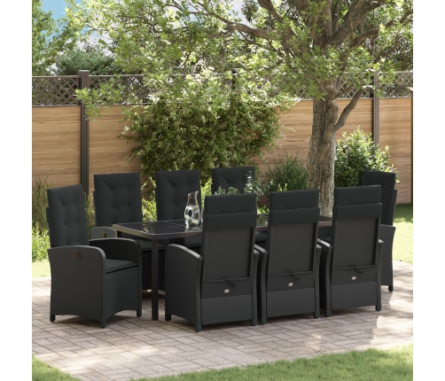 Set de comedor de jardín  9 piezas con cojines negro ratan poli