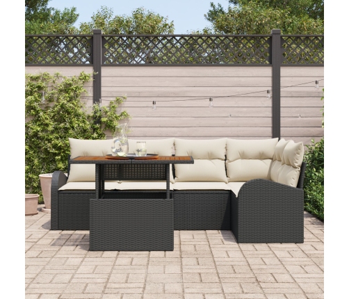 Conjunto de Comedor de Jardín de 6 Piezas con Cojines Negro Poliratán Acacia