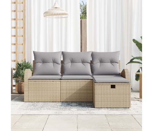 Conjunto de Sofás de Jardín de 4 Piezas con Cojines Beige Ratán Poliéster, Sofá de Jardín de 2 Plazas con Almacenamiento y Cojines Beige Ratán Poliéster