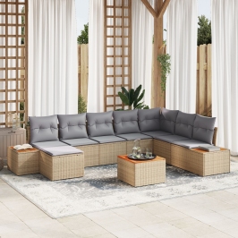 Conjunto de sofá de jardín de 9 piezas con cojines beige de poliratán