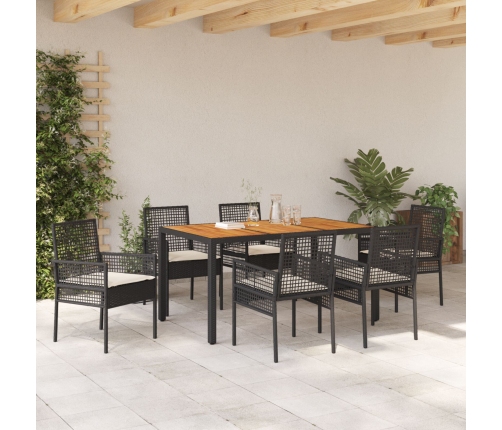 Conjunto de Comedor de Jardín  de 7 Piezas con Cojines Negro Polirratán