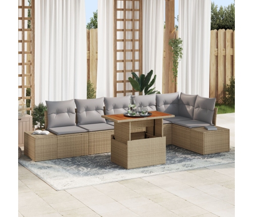 Conjunto de comedor de jardín  de 7 piezas con cojines Beige Ratán Poliéster Acacia