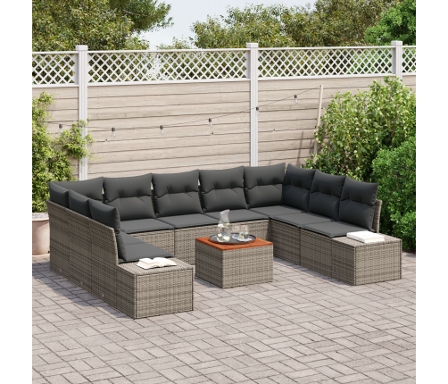 Conjunto de sofá de jardín de 10 piezas con cojines gris polirratán acacia
