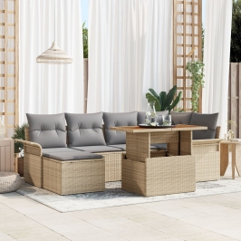 Conjunto de Comedor de Jardín de 7 Piezas con Cojines Beige de Ratán Sintético Acacia
