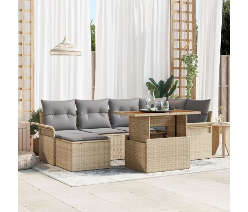 Conjunto de Comedor de Jardín de 7 Piezas con Cojines Beige de Ratán Sintético Acacia