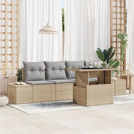 Conjunto de Sofá de Jardín de 5 Piezas con Cojines - Ratán Poliéster Beige