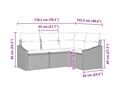 Conjunto de Sofás de Jardín de 4 Piezas con Cojines Beige de Ratán Poli