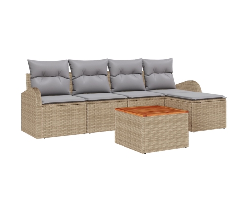 Conjunto de 6 Piezas de Sofás de Jardín con Cojines Beige Ratán Poliéster Acacia