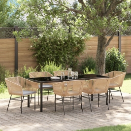 Set de Comedor de Jardín de 7 Piezas  con Cojines Marrón Ratán Polimérico