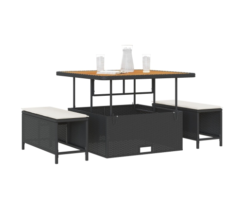 Conjunto de Comedor de Jardín de 3 Piezas con Cojines Negros de Poliratán y Acacia