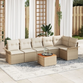 Juego de Sofá de Jardín de 7 Piezas con Cojines Beige Poly Rattan Acacia