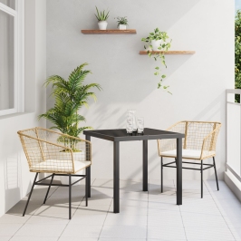 Conjunto de Comedor de Jardín  de 3 Piezas con Cojines Marrón Ratan Polipropileno