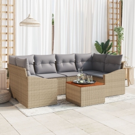 Conjunto de Sofás de Jardín  de 7 Piezas con Cojines Beige Ratán Acacia