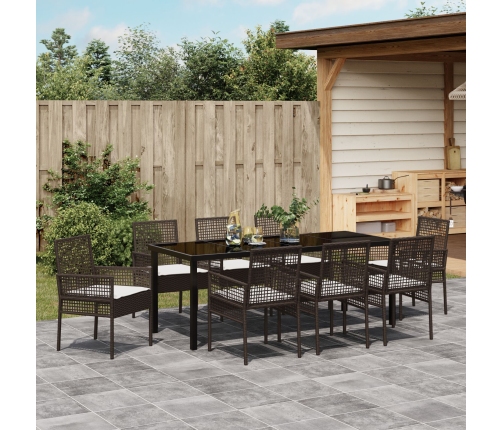 Set de Comedor de Jardín de 9 Piezas con Cojines Poliratán Marrón
