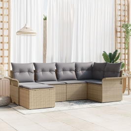 Set de Sofá de 6 Piezas de Jardín con Cojines Beige Ratán Polimérico