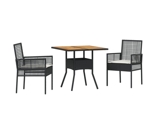Set de Comedor de 3 Piezas para Jardín con Cojines Negros de Poliratán