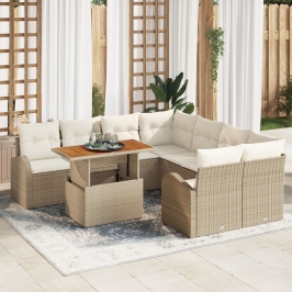 Conjunto de Jardín de 9 Piezas con Cojines Beige Polirratán Acacia