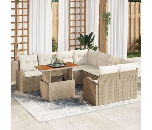 Conjunto de Jardín de 9 Piezas con Cojines Beige Polirratán Acacia