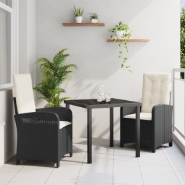 Juego de comedor de jardín de 3 piezas con cojines de ratán negro