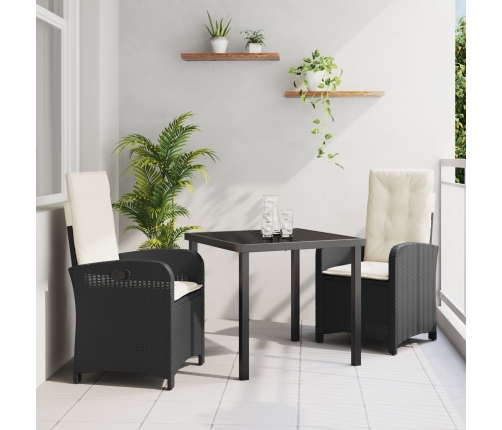 Juego de comedor de jardín de 3 piezas con cojines de ratán negro