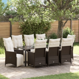 Juego de Comedor de Jardín de 9 Piezas con Cojines Rattan Polipropileno Marrón